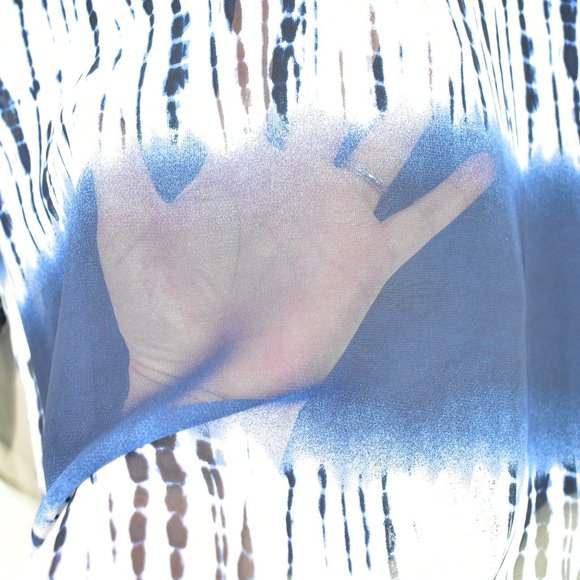 AB Studio Tie Dye Flare 3/4 Sleeve Top Small Navy Sheer Boho High Low Hippie - Picture 10 of 12